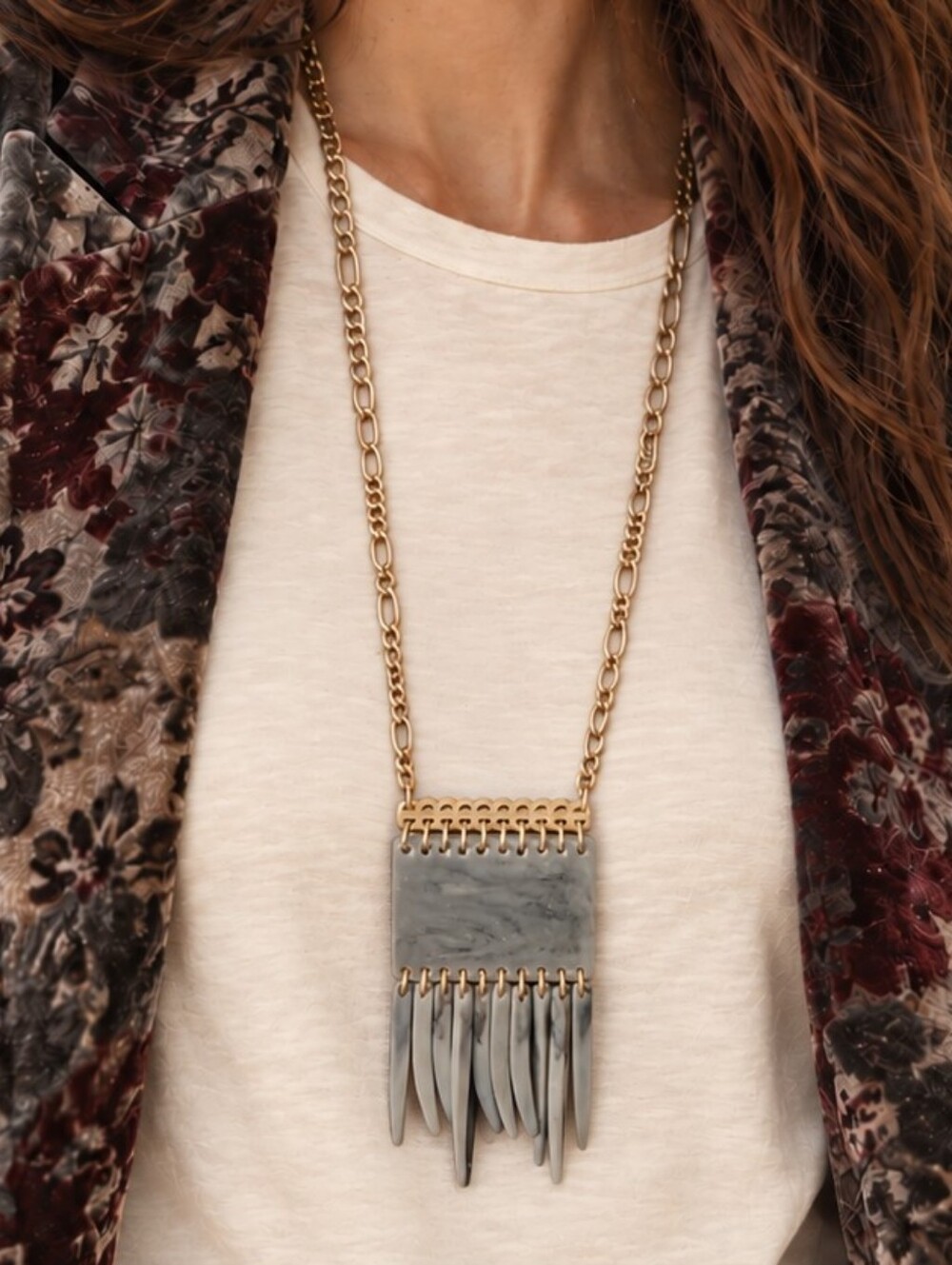 BOHO MARBLED GRAY FRINGE STATEMENT NECKLACE GOLD TONE LONG PENDANT
